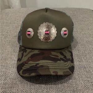 Olive Camouflage Hat with Silver and Pink Accents